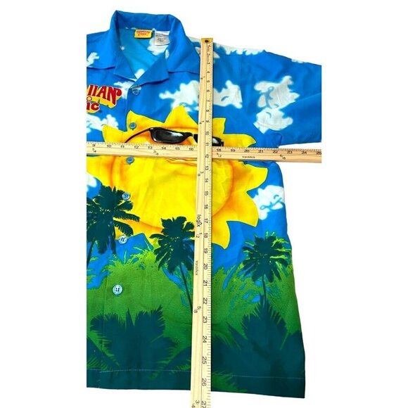 Hawaiian Tropic Aloha Sun Palm Trees Mens Short Sleeve Button Up Shirt M Blue - Picture 4 of 5